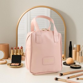 Kytpyi Cosmetic Bag Set, Cosmetic Bag Travel, 2 Pieces Waterproof Double Layer PU Leather Makeup Bag with Handle Compartments, Classic Toiletry Bag Women for Everyday Life Travel Camping (White), pink