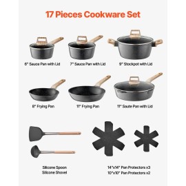 17-Piece Granite Nonstick Induction Cookware Set Pots Pans for Kitchen RV Cooking for Frying Sauce SauQuantity of Cookware: 6, color: Black Color
