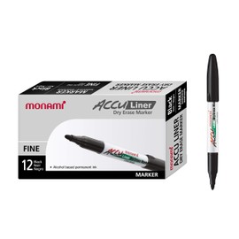 MONAMI Accu Liner Dry Erase Markers, Fine Tip (1.5mm), Low-Odor Whiteboard Markers, Black, 12-Count