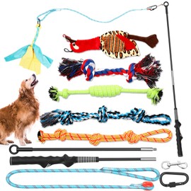 Abbylike 7 Pcs Flirt Pole for Dogs with 6 Chewing Interactive Dog Toys Interactive Dog Teaser Wand Stick for Dogs Gifts Outdoor Chase and Tug Exercise Training
