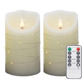 HVTDECOR Flickering Flameless LED Candles with Embedded Starry String Light, Real Wax, Battery Option (not Included) (Ivory, Set of 2 (5 Inch))
