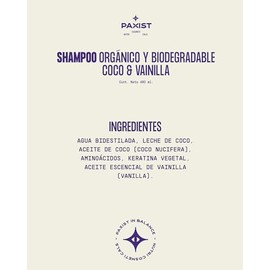 Shampoo Orgánico Coco & Vainilla - Shampoo natural libre de sulfatos, parabenos y siliconas. Adicionado con aminoácidos. Hidrata y nutre tu cabello con nuestros activos orgánicos. Cont. Net. 480 ml