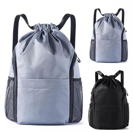 Drawstring Bag Gym Bag, String Swim PE Bag, Waterproof Scratch Resistant Bag for Men & Women Large Backpack with Water Bottle Mesh Pockets for Sports School Beach Holidays Swimming Travel - Gery