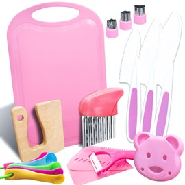 19 PCS Kids Knife Set for Real Cooking,Montessori Kitchen Tools for Toddlers with Safe Plastic Knives Crinkle Cutter Cutting Board,Cooking Set for 3-10 Year Old Girl Boy Birthday Gift-Pink