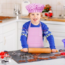 TOPWAYS Grid Kids Apron and Chef Hat Set, Adjustable Check Child Chef Aprons with 2 Pockets, Lattice Print Children's Apron for Kids Toddler Painting Baking Cooking Artist (Purple, L（7-13Years）)