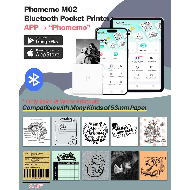 Phomemo M02 Mini Printer- Inkless Bluetooth Thermal Pocket Note Printer