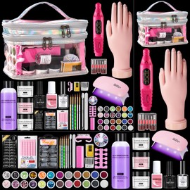 Nail Kit for Beginners with Everything: Professional Nail Acrylic Powder Liquid Set with Practice Hand Drill U V Light in Cosmetic Bag for Women Salon Home (Silver)