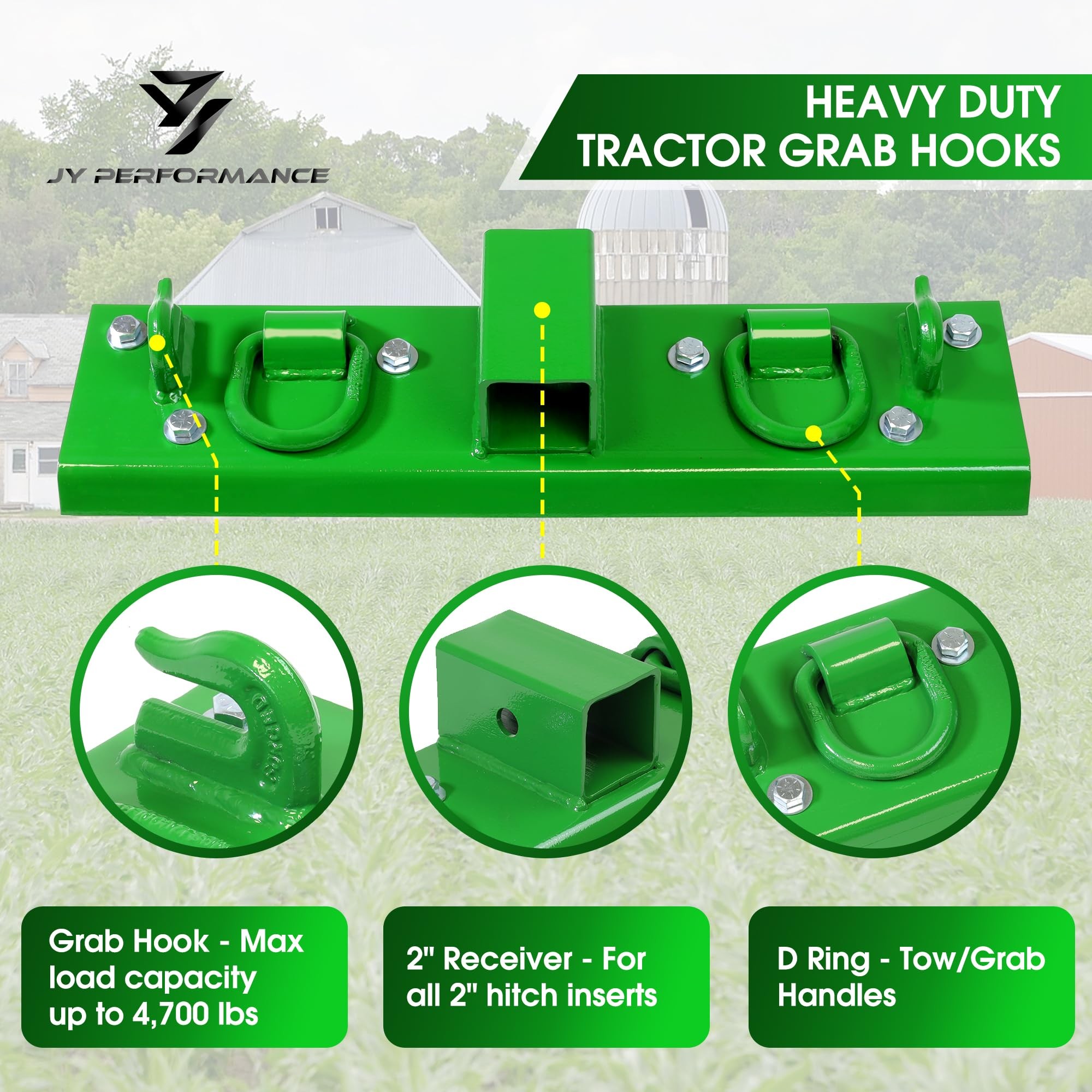 thumbnail image 2 of Heavy Duty Green Bolt-On Hooks & D-Rings For John Deere Compact Tractors - Fits 1025R, 2032R, 3320, 2520 Bucket (2 Pack) 2 of 6
