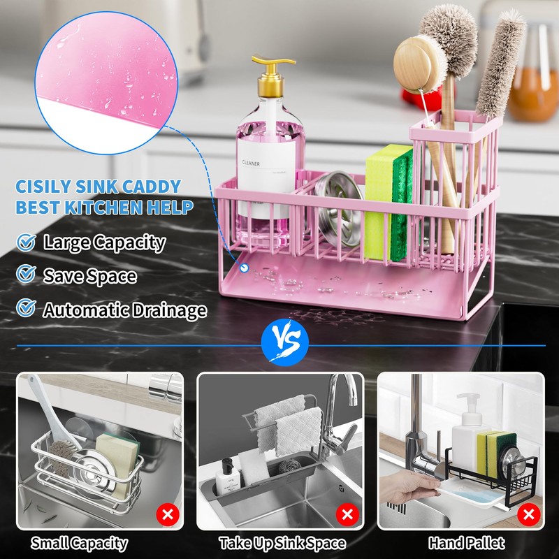 Cisily Pink Kitchen Sink Caddy Organzier with High Brush Holder,