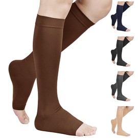 TOFLY Compression Stockings (Pair), Graduated 20-30mmHg, Opaque, Unisex, Open Toe Knee High Compression Socks for Varicose Veins, Edema, Shin Splints, Nursing, Travel, Brown XXL