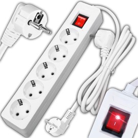 Retoo Power Strip 5-Way Multiple Socket with Switch and 5 m Cable, Surge Protection, Power Strip with Power and Angled Plug, Distribution Socket for Home, Office, White