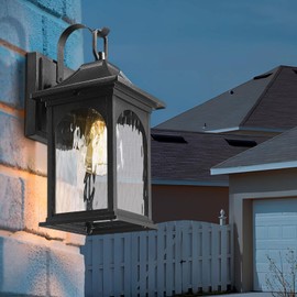 Starcurin 13.78 Inch Outdoor Light Fixtures Wall Mount, Exterior Light Fixtures Wall Mount with Water Ripple Glass, Waterproof Black Porch Lights for House Garage, Doorway (Bulbs Not Included)