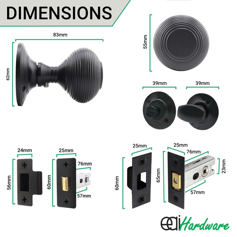 EAI Beehive Reeded Black Door Knob Set | 1 Pair