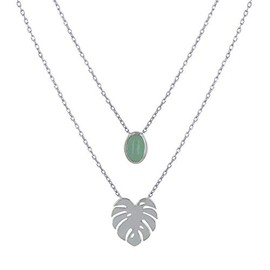 LES POULETTES BIJOUX - Silver 925 Rhodium Necklace Double Chain Leaf and Oval of Aventurine