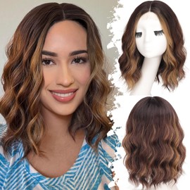 Eawwii Brown with Caramel Highlights Short Wavy Wig for Women Lace Hairline Bob Style Synthetic Heat Resistant - Natural Appearance for Everyday Hairstyle 14 Inch