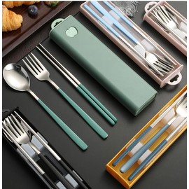Pretihome 3 Pieces Portable Travel Utensils with Case 18/8 Stainless Steel Silverware Set for Camping Office School Lunch Including Chopsticks Fork Spoon Dishwasher Safe (Green)