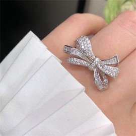 AZQ Fashion 18k Gold Bow Ring 925 Sterling Silver Shiny Full Diamond Ring Cubic Zirconia Promise Rings CZ Diamond Multi Row Ring Eternity Engagement Wedding Band Ring for Women TZ.82, US Code 8,