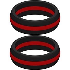 Set of Two (2) Thin Red Line Silicone Rings Size 8 - Engagement Wedding Replacement Band for Active and Workout Lifestyles - fire Fighter Support