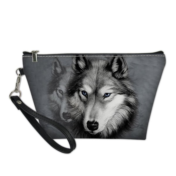 HUGS IDEA 3D Wolf Print PU Leather Cosmetic Pouch Teen Girl Travel Protable Toiletry Bag Hipster