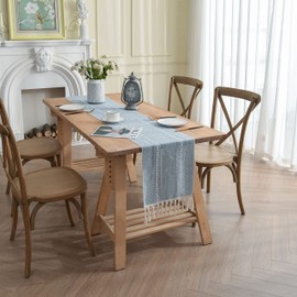 Country Rustic Linen Table Runner with Tassel Striped Farmhouse Boho 60 Inches Long Table Runners for Kitchen Dining Holiday Party Wedding Home Decoration ( Blue, 13" W X 60" L)