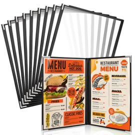 WenYa A5 Menu Covers (10 Pack), 2 Pages 4 Views Cafe Style Menu Holders, Black Trim Clear View Wine Menu Cover with Metal Corner Protectors, Fits A5 Size Paper for Restaurants Bars Cafes Hotels