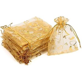 KIMOBER 100pcs Organza Gift Bags,Golden Heart Gift Wrap Bags with Drawstring Small Mesh Bags for Wedding Jewelry Baby Shower Party Favour Supply,3.5 X 4.7 Inch,Golden Heart