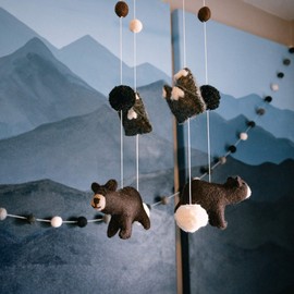 Blue Boho Designs Felted Nursery Decor Set- Bear & Mountain Adventure- Includes 8Ft Pom Pom Felted Ball Garland in Coordinating Colors