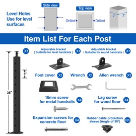 CKE Black Cable Railing Post 36"x2"x2", Level Drilled Railing Post with Cable Grommets, Adjustable Top Mount Level Line Post Cable Handrail Post, T304 Stainless Steel Deck Stair Railing Post, LP01