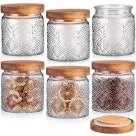 Suclain 6 Pcs 17 OZ Vintage Glass Jar with Acacia Wood Lids Airtight Glass Storage Canisters Kitchen Spice Jars Food Storage Containers for Pantry Coffee Grains Tea Sugar Flour(Leaf)