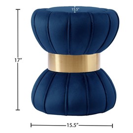 Meridian Furniture Vino Collection Modern | Contemporary Velvet Upholstered Hourglass Shaped Ottoman/Stool with Gold Finished Stainless Steel Band, 15.5" W x 15.5" D x 17" H, Navy