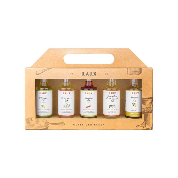 LAUX Oil Gift Box, Set of 5 with Olive Oil, Walnut Oil, Provence & Herbs Garlic Oil, Ideal as a Salad & Vegetable Topping, Mother's Day Gift (5 x 40 ml)