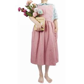 Women Girls Vintage Apron Adjustable Gardening Works Cross Back Cotton/Linen Blend Aprons Pinafore Dress with Two Pockets (lightpink, 39"x 59")