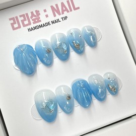 Blue Sea Shell Handmade Nail Tips - Short Oval / 푸른바다조개 수제네일팁 - 숏오벌