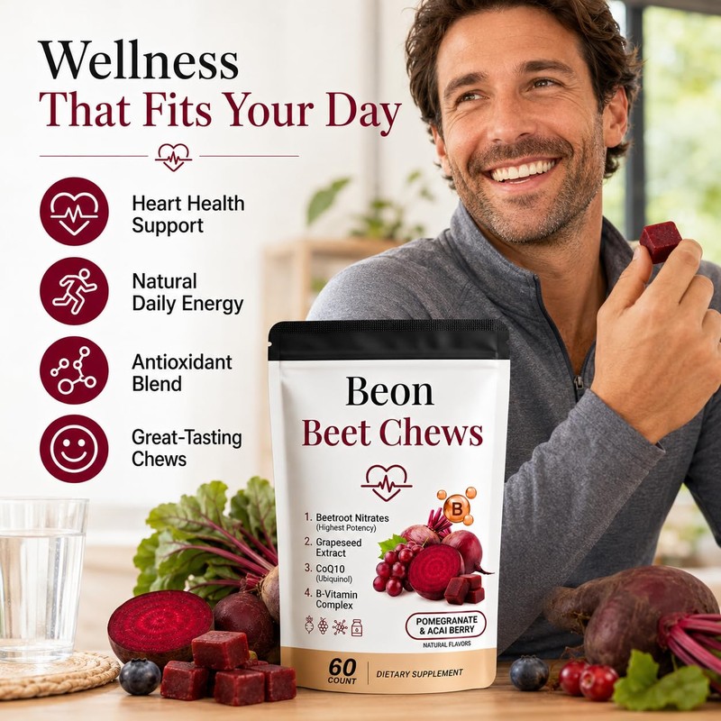 Beon Beet Chews, Beon Beetroot Chews Gummies with Grape Seed