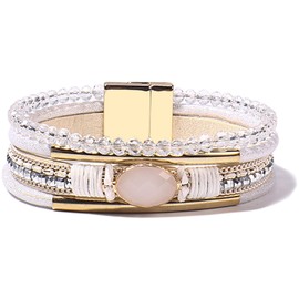 FANCY SHINY Leather Wrap Bracelets Crystal Beads Bracelet Boho Cuff Stone Charm Bracelets with Clasp Costume Jewelry for Women(White)