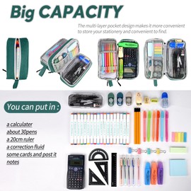 Genteen Large Capacity Pencil Case,Multifunction Pencil Pouch,Pencil Bags with Zipper 3 Compartments Pencil case organizer for Office Adult（Green）