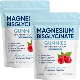 Magnesium Bisglycinate Gummies, with 400mg Magnesium Bisglycinate Chelate, Sea Salt, Raspberry Fruit Powder, Vegan, 60 Gummies