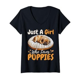 Womens Just A Girl Who Loves Puppies Pugs For Girls For Dog Lover V-Neck T-Shirt