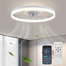 Fszdorj 20‘’ Ceiling Fan with Light, 2024 Upgraded Low Profile Fan, Flush Mount Ceiling Fan, 6 Speeds, Dimmable LED, App & Remote Control, Quiet DC Motor, for Bedroom, Living Room, F115 White