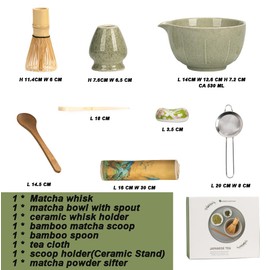 Matcha Whisk Set 8 Pcs,17 oz Matcha Bowl with Spout,Matcha Whisk and Holder, Scoop,Sifter,Japanese Tea Set,Ceramic Matcha Making Kit for Ceremony, Gift for Tea Lovers (Matcha Green)