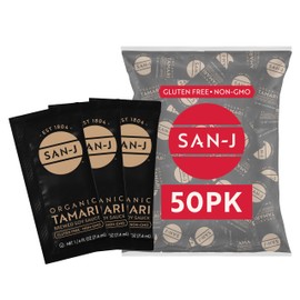 San-J - Organic Gluten Free Tamari Soy Sauce - Made with 100% Whole Soy - Specially Brewed - 1/4 oz. Individual Portioned Packets - 50 Pack