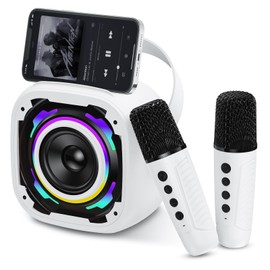 PKBD Mini Karaoke Machines 2 Microphones For Kids, Portable Wireless Bluetooth Speaker with Phone Holder/Dynamic Light/Voice Changer Effects, Karaoke Machine Gift for Girls Boys, White