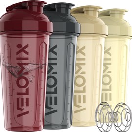VELOMIX -4 PACK- 28 oz Protein Shaker Bottle for Protein Mixes - 4x Wire Whisk | Leak Proof Shaker Cups for Protein Shakes | Protein Shaker Bottle Pack | Protein Shake Cup (Burgundy Pack)