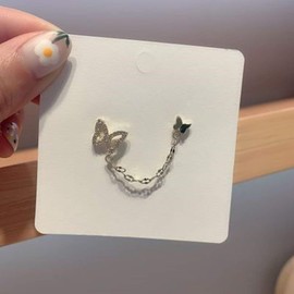 Double Butterfly Chain Cuff Wrap CZ 925 Sterling Silver Stud Crawler Climber Earrings for Women Girls Cartilage Threader Tassel Dangle Hypoallergenic 14K Gold Plated Gifts for Bff Birthday (Silver)