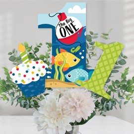 Big Dot of Happiness 1st Birthday Reeling in the Big One - Fish First Birthday Party Centerpiece Sticks - Table Toppers - Set of 15