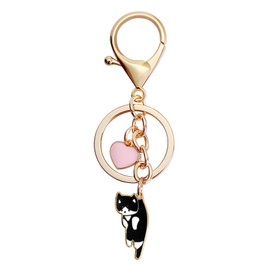 GlamRays Lazy Cat Pink Heart Keyring Funny Cartoon Kitten Cute Key Ring for Animal Key Ring Girls Birthday, black