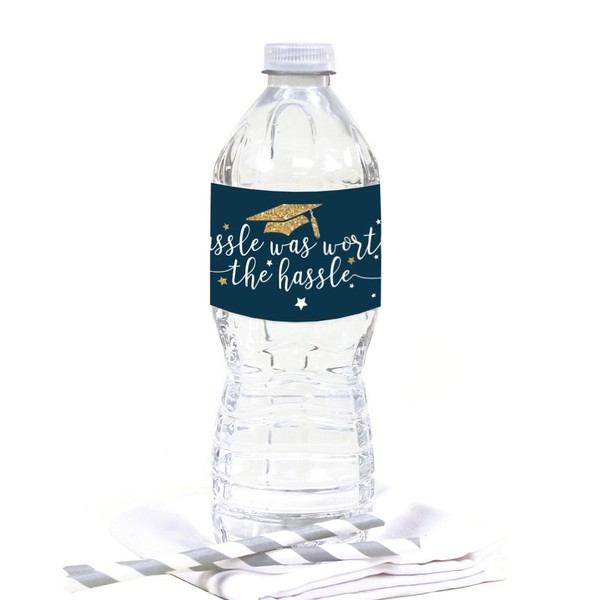 Andaz Press Navy Blue and Gold Glittering Graduation Party Collection, Water Bottle Labels, 20-Pack