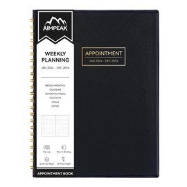 Appointment Book 2024, Daily Weekly and Monthly Planner Jan.2024-Dec.2024, AIMPEAK Appointment Book, Hourly Planner for Women, Academic Year Planner, Faux Leather Cover, Black(A5, 5.5"x8.5")