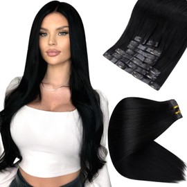 Full Shine Clip in Hair Extensions Human Hair Straight 20 Inch Jet Black Clip in Hair Extensions PU Weft for Long Black Hair Extensions Clip in Human Hair Soft Straight 8Pcs 105 Grams