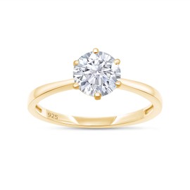 SAVEARTH DIAMONDS Moissanite Engagement Ring, 6.5MM 1ct Round Cut Lab Created Diamond Solitaire Wedding Promise Ring For Women In 14k Yellow Gold Over Sterling Silver,VVS1 Clarity Size-6.5